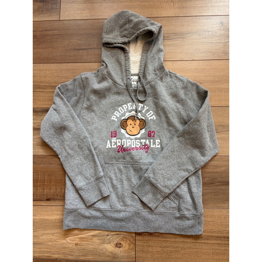 Aeropostale University Monkey Graphic Hoodie Gray Pullover Sweatshirt Medium
